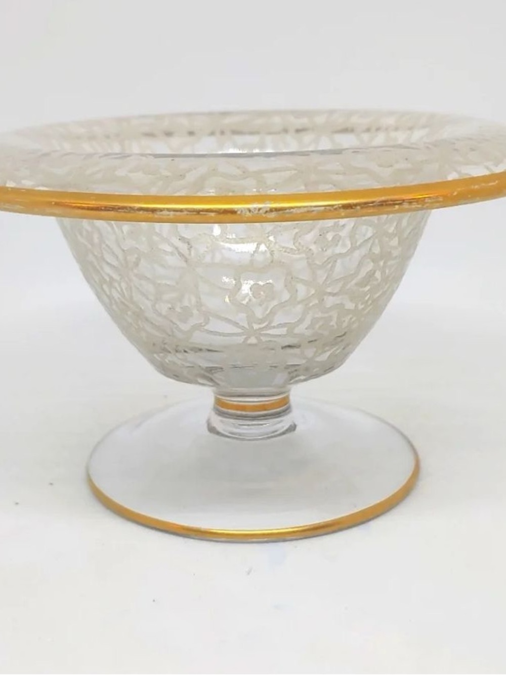 Gold-Rimmed Etched Glass Dessert Compote - Clear and Gold